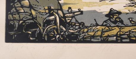 Török Endre (1926-1980): Újévi vásár. Színes linómetszet, papír, jelzett. számozott 8/15 29x42 cm