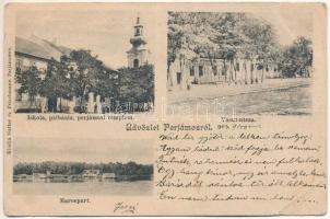 1904 Perjámos, Periam; iskola, plébánia templom, Vasút utca, Maros part. Gatter és Frischmann kiadása / school, church, street, Mures riverside (EB)