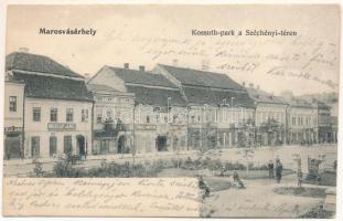 1909 Marosvásárhely, Targu Mures; Kossuth Park és Széchenyi tér, Peteli János, Nuridsányi János, Izmael Márton, Lichter G. és Dudutz Ferenc üzlete, szállítási vállalat. Hirsch Mór kiadása / park and square, shops + "MAROS-VÁSÁRHELY - KOCSARD 131. SZ." vasúti mozgóposta bélyegző (szakadás / tear)