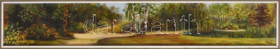 Szabó Éva: Arborétum. Olaj, farost, jelzett, keretben 11x60 cm