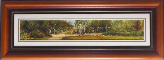 Szabó Éva: Arborétum. Olaj, farost, jelzett, keretben 11x60 cm