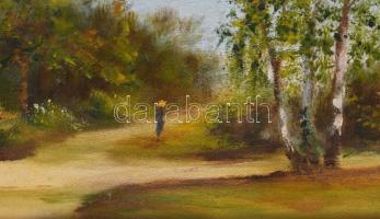 Szabó Éva: Arborétum. Olaj, farost, jelzett, keretben 11x60 cm