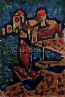 Buzás Árpád (1929-2013): Falurészlet. Tűzzománc, 24x16 cm