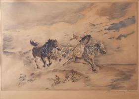 Benyovszky István (1898-1969): Vágtató csikós.. Színezett rézkarc, papír, jelzett, fakeretben, 28x40 cm