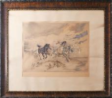 Benyovszky István (1898-1969): Vágtató csikós.. Színezett rézkarc, papír, jelzett, fakeretben, 28x40...