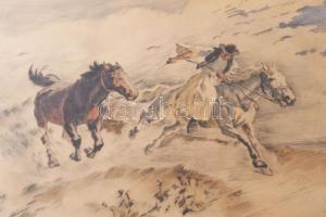 Benyovszky István (1898-1969): Vágtató csikós.. Színezett rézkarc, papír, jelzett, fakeretben, 28x40...