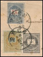 1889 Pénzeslevél előlap sztereotip 1kr, 12kr és 1Ft bélyegekkel bérmentesítve, egy 1Ft bélyeg hiányz...