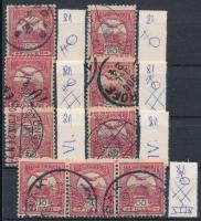 1900 Turul 50f 9 db bélyeg, köztük vízjelállás-változatok, számvízjel, hármascsík is