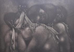 Amerigo Tot (1909-1984): Kavicsasszonyok. Rézkarc, mezzotinto, papír, jelzés nélkül, üvegezett faker...