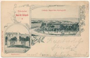 1902 Sepsiszentgyörgy, Sfantu Gheorghe; látkép, honvéd emlékszobor. Gere István fényképész kiadása, szecessziós-virágos keret / general view, Hungarian military monument. Art Nouveau, floral (felületi sérülés / surface damage)