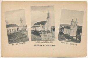 Maroshévíz, Oláhtoplica, Toplita; Református, Római katolikus és Görögkeleti templom. Walter Ede kiadása / Calvinist, Roman Catholic and Greek Orthodox church (EM)