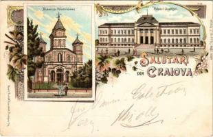 1899 Craiova, Királyi; Biserica Mantuleasa, Palatul Justitiei / Romanian Orthodox church, Palace of Justice. Filip Lazar, Kunstanstalt Rosenblatt Art Nouveau, floral, litho (small tear)