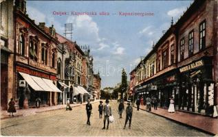 1916 Eszék, Essegg, Osijek; Kapucinska ulica / Kapuzinersgasse / Kapucinus utca, Lust és Klein, Cernuta és fia üzlete / street view, shops (EK)
