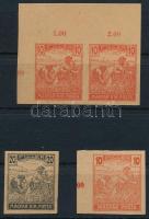 1916-1919 Arató 10f vágott próbanyomat pár és 20f bélyeg + Magyar Posta 10f gumi nélküli papíron