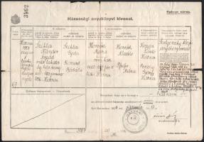 1945-1946 Hatvan, Sziklai Nándor Árpád MÁV lakatos 2 db házassági anyakönyvi kivonata, hátoldalukon sok pengős okmánybélyeggel