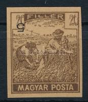 1919 Magyar Posta 20f vágott próbanyomat enyvezetlen, sárgás papíron, amelyet korábban a Turul 5f próbanyomathoz használtak. Rajta fordított 5-ös számjegy