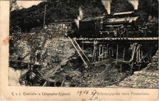 1906 Cs. és kir. vasúti és távirati ezred terhelési próbája, gőzmozdony, vonat / Belastungsprobe eines Provisoriums. K.u.K. Eisenbahn- und Telegraphen Regiment / Austro-Hungarian Railway and Telegraphy Regiment, bridge stress test with locomotive, train (EK)