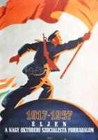 1957 Gönczi-Gebhardt Tibor (1902-1994): Éljen a nagy októberi szocialista forradalom plakát, szakadásokkal, 81,5×112 cm