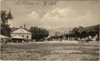 1915 Héthárs, Lipjany, Lipany; A héthársi római katolikus templom 400 éves fennállásának jubileuma alkalmából. Fő utca, piac. Kirscher Lipót kiadása, Divald Károly fia fénynyomdája / on the occasion of the 400th anniversary of the Catholic church in Lipany. Main street, market (EK)