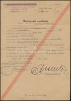 1943-1944 M. kir. I. honvéd hadtest parancsnokság meghagyási bizottsága által kiállított meghagyási igazolvány bevonulási parancs teljesítése alóli felmentésről, az alsódabasi 5. bevonulási központ állományába tartozó férfi részére