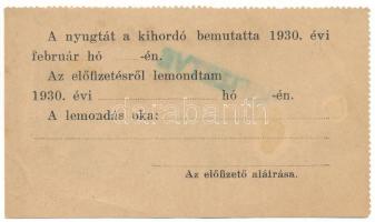 1930. "Népszava" előfizetési igazolás 4P értékben T:VF folt