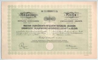 1915. Budapest "Magyar Zsírkőbánya Részvénytársaság Jólsván" részvénye 200K-ról, szárazpecséttel, szelvényekkel T:AU