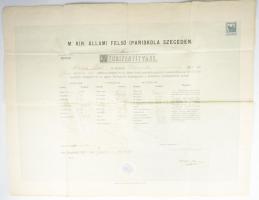 1914 Szeged, M. Kir. Állami Felső Ipariskola végbizonyítványa Örvös Pál izraelita vallású tanuló részére, okmánybélyegekkel, kis sérülésekkel, 46,5x60 cm