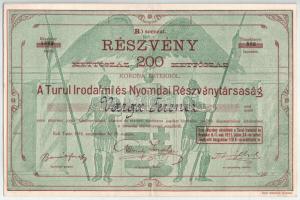 1919. Tata "A Turul Irodalmi és Nyomdai Részvénytársaság" részvénye 200K-ról, felülbélyegzéssel, szelvényekkel T:XF