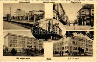 1944 Léva, Levice; Dohánybeváltó, Schoeller malom, Mussolini utca, Állami polgári iskola, OTI intézet / tobacco exchange, mill, street view, shops, school, National Social Security Institute (EK)