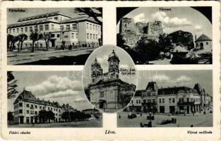 1942 Léva, Levice; Városháza, várrom, Fő tér, Római katolikus templom, Városi szálloda, piac / town hall, castle ruins, main square, Catholic church, hotel, market (fa)