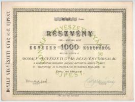 1922. Budapest (Újpest) "Donalf Vegyészeti Gyár Részvénytársaság" részvénye 1000K-ról, szelvényekkel T:AU