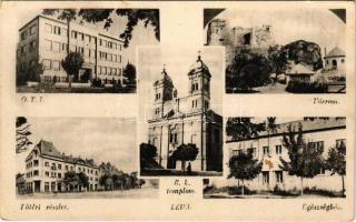 Léva, Levice; OTI intézet, várrom, Fő tér, Római katolikus templom, Egészségház / National Social Security Institute, castle ruins, main square, Catholic church, health center (EB)