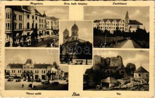 1939 Léva, Levice; Megyeháza, Római katolikus templom, Tanítóképző, Városi szálloda, autóbusz, várrom / county hall, Catholic church, teachers' training institute, hotel, autobus, castle ruins (EK)