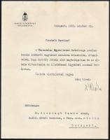 1928 Bp., Ripka Ferenc (1871-1944) politikus, Budapest főpolgármestere autográf aláírása gépelt levelén Szontagh Tamás m. kir. udvari tanácsos, a Társadalmi Egyesületek Szövetsége országos elnöke részére