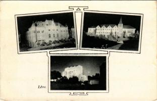 Léva, Levice; Megyeháza, Tanítóképző, várrom este / county hall, teachers' training institute, castle ruins at night (EK)