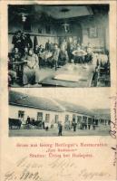 1902 Budapest III. Óbuda, Berlinger György vendéglője "A Kerékpárhoz", étterem, belső vendégekkel és pincérekkel. Ürömhegy / Gruss aus Georg Berlinger's Restauration "Zum Radfahrer" Station Üröm bei Budapest (vágott / cut)