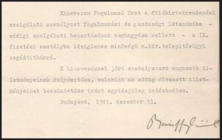 1941 Bp., báró Bánffy Dániel (1893-1955) nagybirtokos, politikus, földművelésügyi miniszter (1940-19...