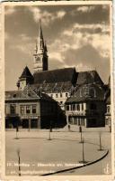 Medgyes, Mediasch, Medias; Biserica evangelica luterana / Evangélikus templom, Albina üzlet / street view, Lutheran church, shops