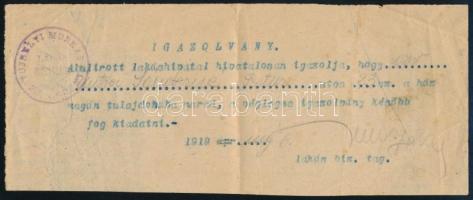 1919. máj. 6. Bp., a Pestújhelyi Munkás Tanács lakásbizottsága által kiállított ideiglenes igazolvány ingatlan magántulajdonban maradásáról (a Tanácsköztársaság lakásrekvirálása alóli felmentés)