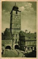1940 Nagyszeben, Hermannstadt, Sibiu; Turnul sfatului / Ratturm / Tanács torony, Carl F. Jickeli üzlete, automobil. Krofft &amp; Drotleff / tower