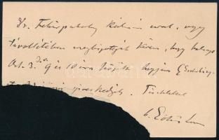 cca 1900 báró Eötvös Loránd (1848-1919) fizikus saját keű sorai hiányos névjegykártyáján