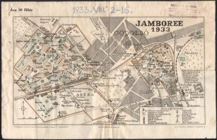 1933 Gödöllő, a cserkész Jamboree helyszínének térképe, Stoits György kiadása, kissé viseltes állapotban, hátoldalán javított, 23,5x36,5 cm