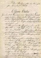 1865. Kézírásos, 8 oldalas nyílt parancs, klf mosomagyaróvári és győri bebélyegzésekkel