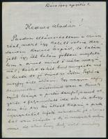 1909 Bécs, Feszty Lajos (1852-1930) ügyvéd, Feszty Árpád (1856-1914) festőművész és Feszty Adolf (1846-1900) építész testvérének saját kezű levele Ihász Aladár (1886-1960) színész, rendező, drámaíró részére, "Kedves Aladár!" megszólítással, 2 és fél beírt oldal