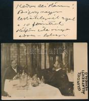cca 1910 Feszty Árpád (1856-1914) festőművész saját kezű sorai és aláírása névjegykártyáján + Feszty Árpád és Ihász Aladár (1886-1960) színész, rendező, drámaíró a Gundel állatkerti vendéglőben, fotólap, 9x14 cm
