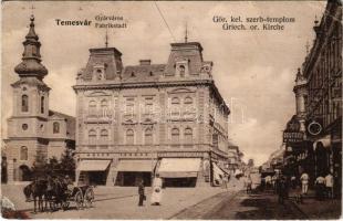 1908 Temesvár, Timisoara; Gyárváros, Görögkeleti szerb templom, Deutsch R. Rezső, Adler Ignác, Csendes és Fischer üzlete / Fabrikstadt, Griech. or. Kirche / street view, Serbian Orthodox church, shops (r)
