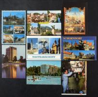 Közel 100 modern képeslap, főleg magyar városképek, pár külföld és motívum (főleg magyar-szovjet űrrepülés)