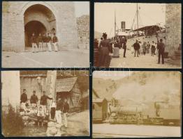 cca 1910-1918 Boszniában és Olaszországban készült felvételek: katonatisztek Szarajevóban, gőzmozdony Mostarnál, trieszti hajó Ragusa kikötőjében, stb., 5 db fotó, 9x12 cm + 1 db fotó a tatai vár bástyájának részletéről, 10x12,5 cm