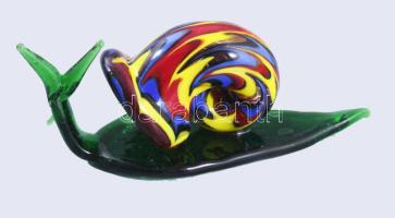 Iparművész színezett üveg csiga, hibátlan, h: 10 cm