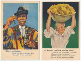 2 db RÉGI magyar reklám grafikai képeslap: 'A magyar szőlőnek nincsen párja' és 'Kedves egészségére', alkalmi bélyegzéssel / 2 pre-1945 Hungarian advertisement cards, with So. Stpl.